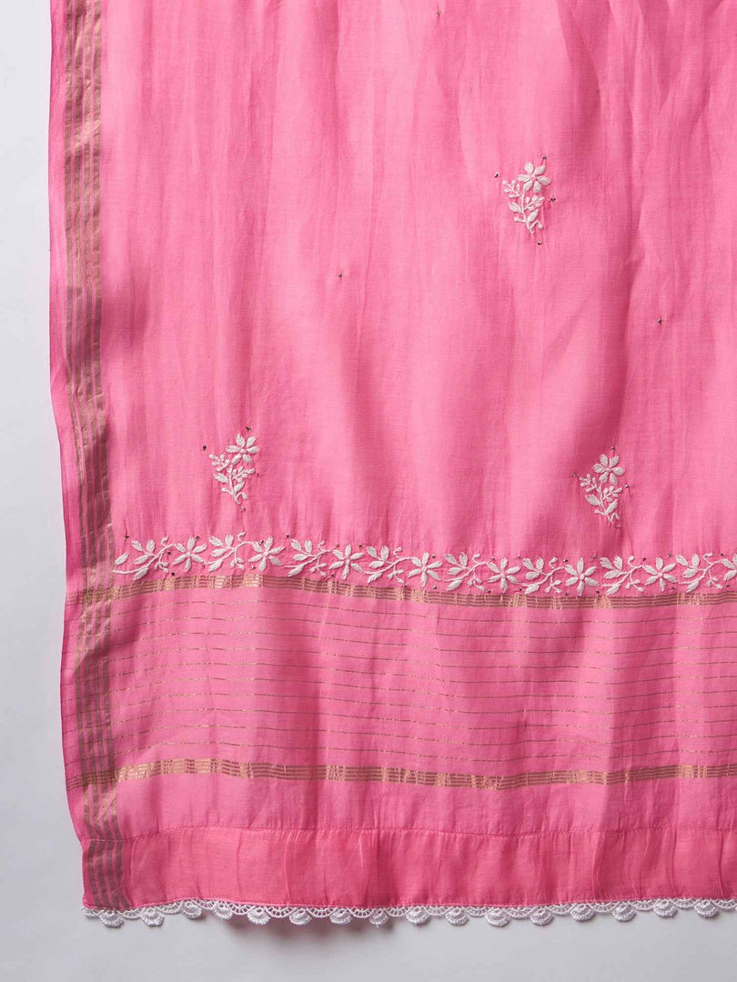 Light pink chikankari and mukaish work chanderi kurta with slip and dupatta set of 2