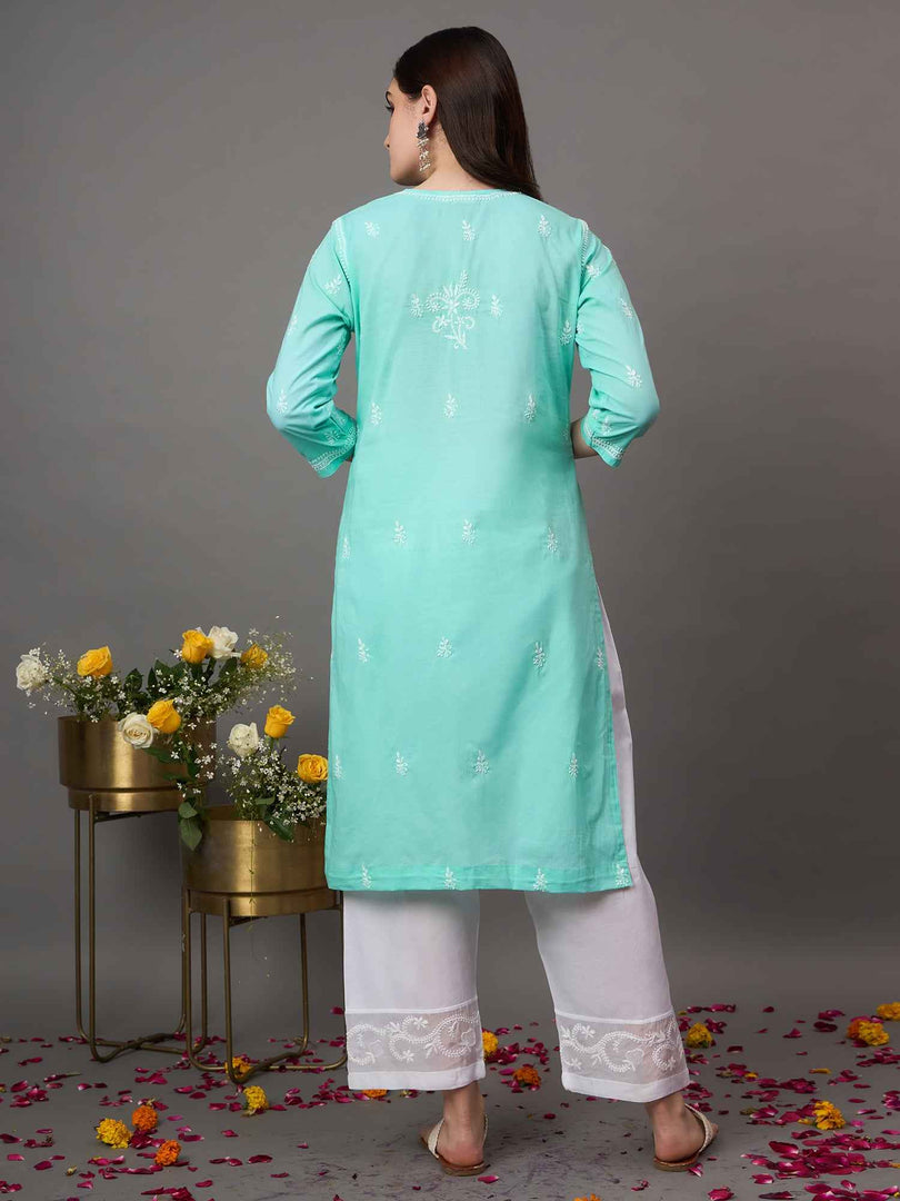 Sea green chikankari cotton round neck kurta with quarter sleeves