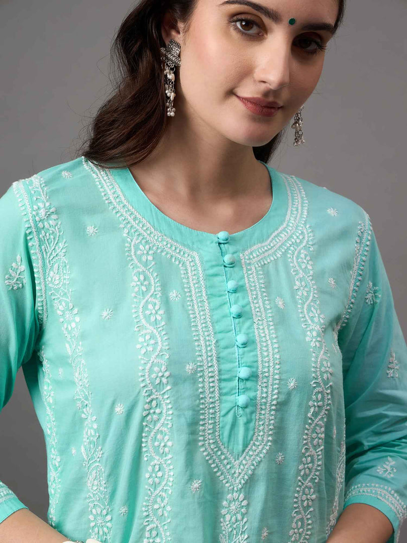 Sea green chikankari cotton round neck kurta with quarter sleeves