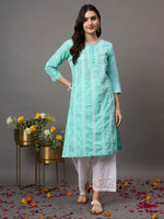 Load image into Gallery viewer, Sea green chikankari cotton round neck kurta with quarter sleeves
