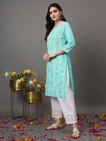 Load image into Gallery viewer, Sea green chikankari cotton round neck kurta with quarter sleeves
