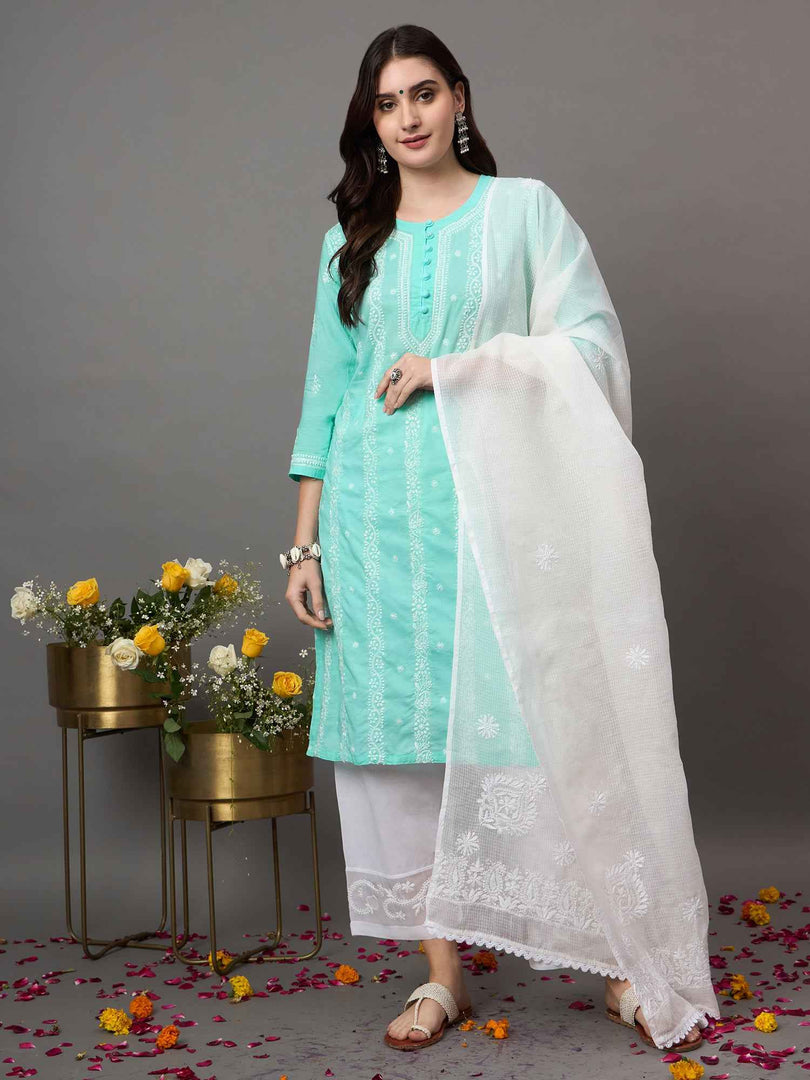Sea green chikankari cotton round neck kurta with quarter sleeves