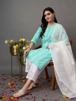Load image into Gallery viewer, Sea green chikankari cotton round neck kurta with quarter sleeves
