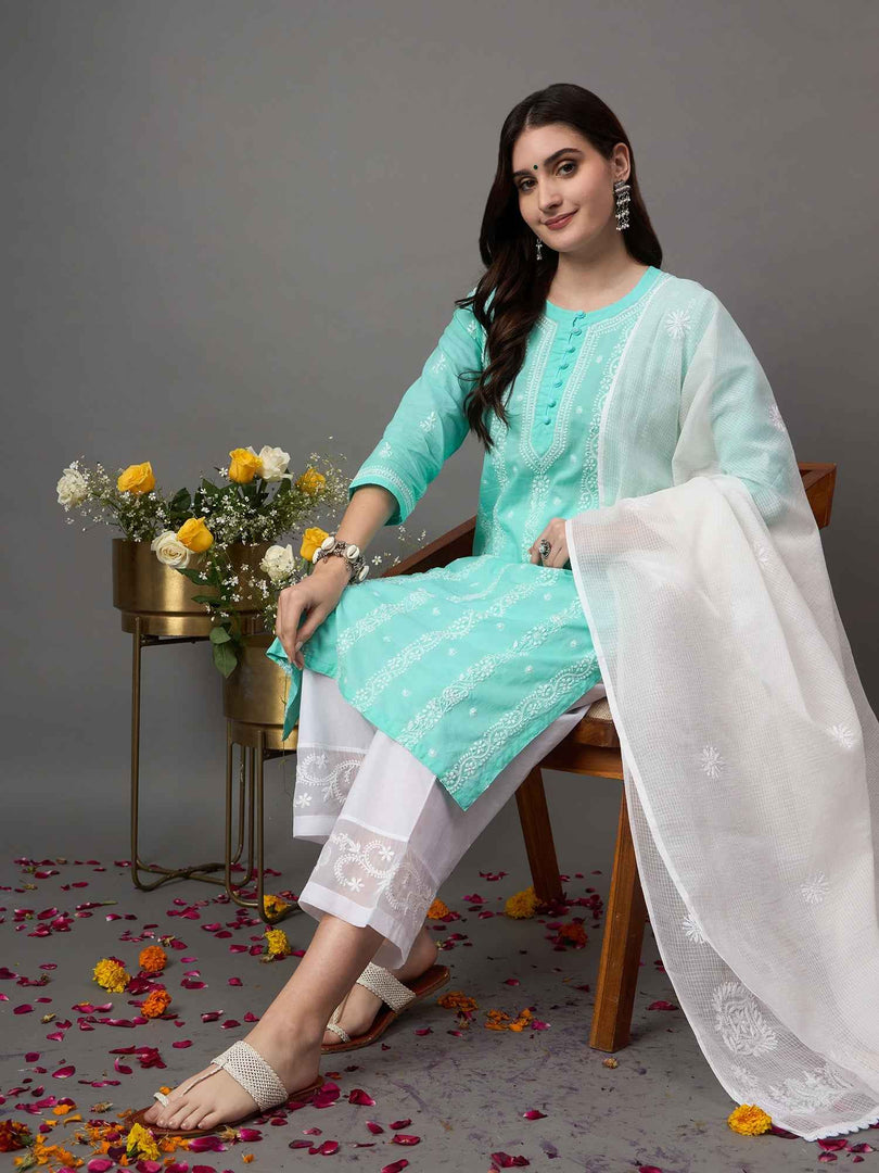 Sea green chikankari cotton round neck kurta with quarter sleeves