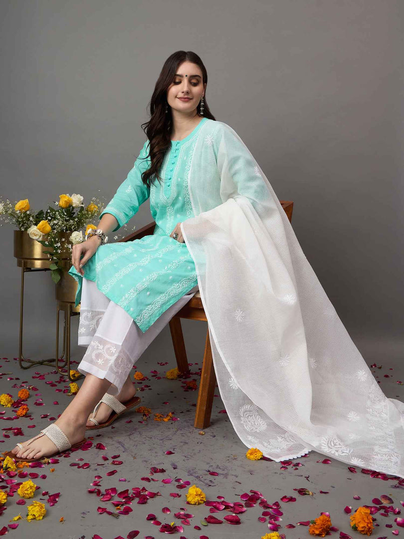 Sea green chikankari cotton round neck kurta with quarter sleeves