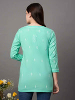 Load image into Gallery viewer, sea green cotton top with chikankari
