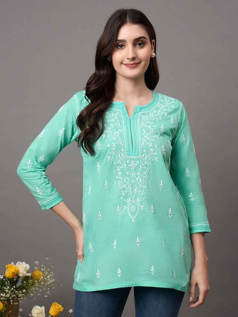 sea green cotton top with chikankari