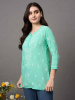 Load image into Gallery viewer, sea green cotton top with chikankari
