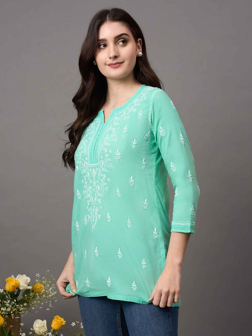 sea green cotton top with chikankari