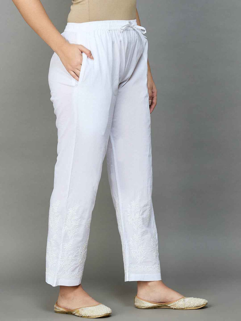 white cotton pants with chikankari
