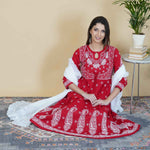 Load image into Gallery viewer, Red cotton chikankari anarkali with waist coat design
