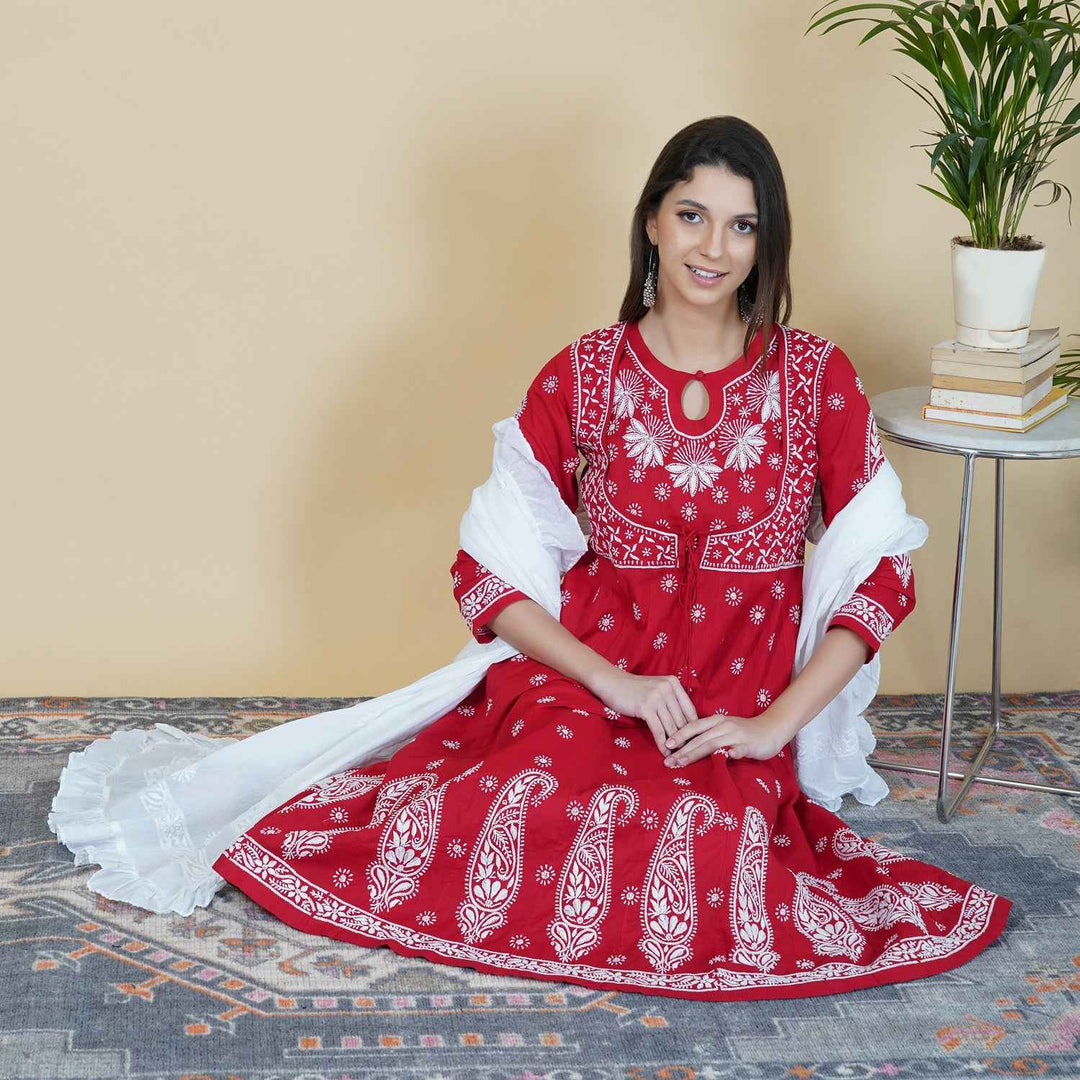 Red cotton chikankari anarkali with waist coat design