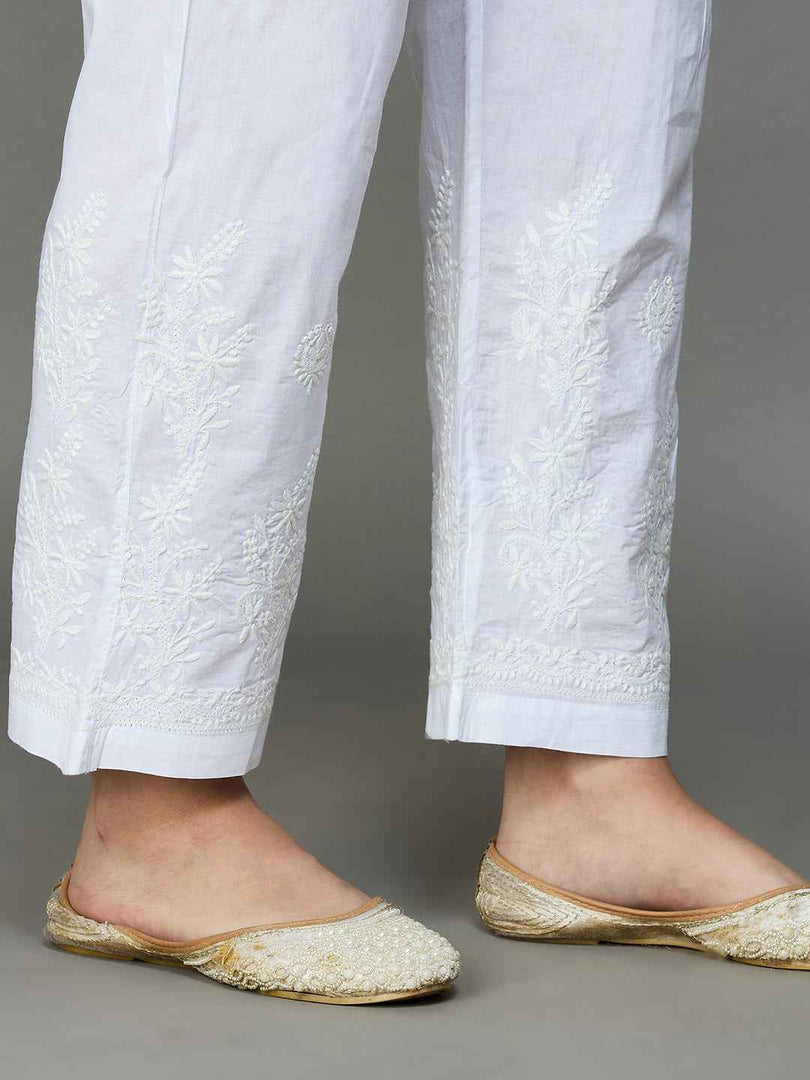 white cotton pants with chikankari