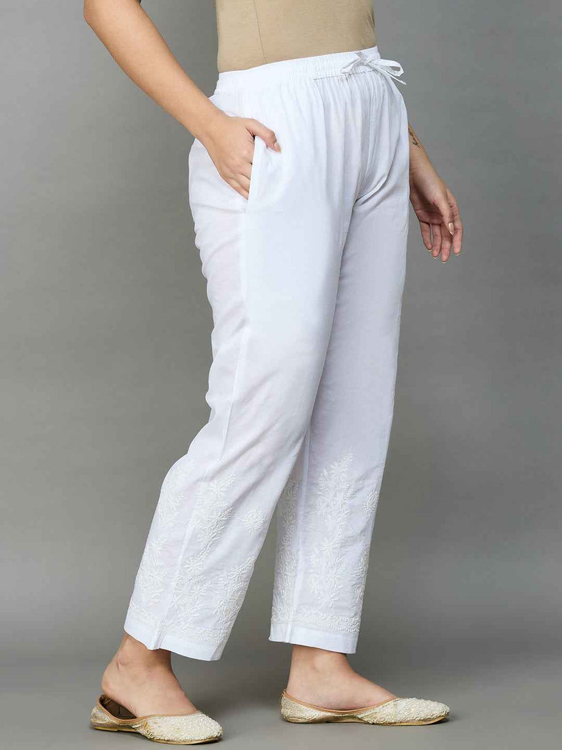white cotton pants with chikankari