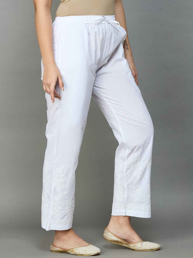 white cotton pants with chikankari
