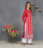 Load image into Gallery viewer, Red round neck cotton kurta with chikankari
