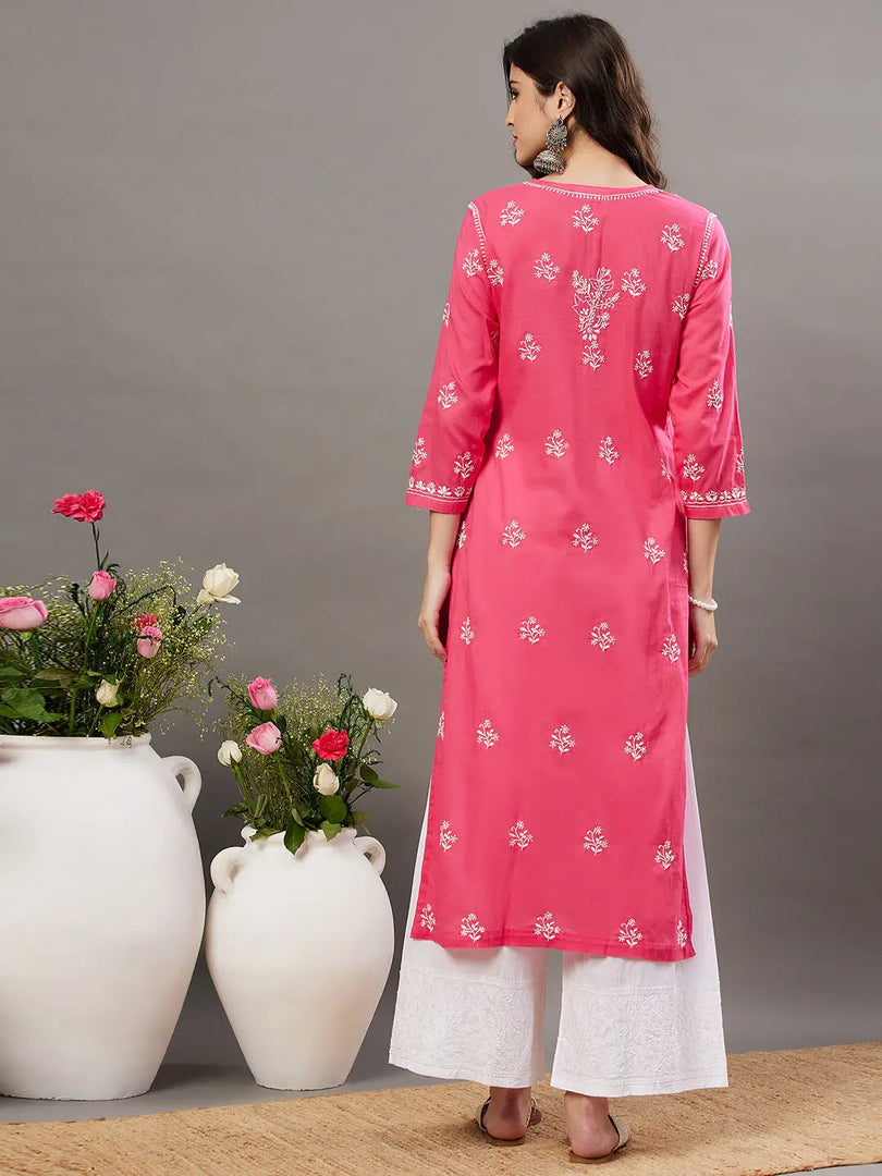 Pink mul cotton kurta with chikankari - Rakhi Apparels
