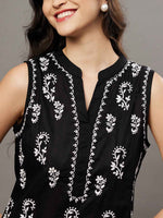 Load image into Gallery viewer, Black cotton sleeveless kurta with chiknakari and colloar slit
