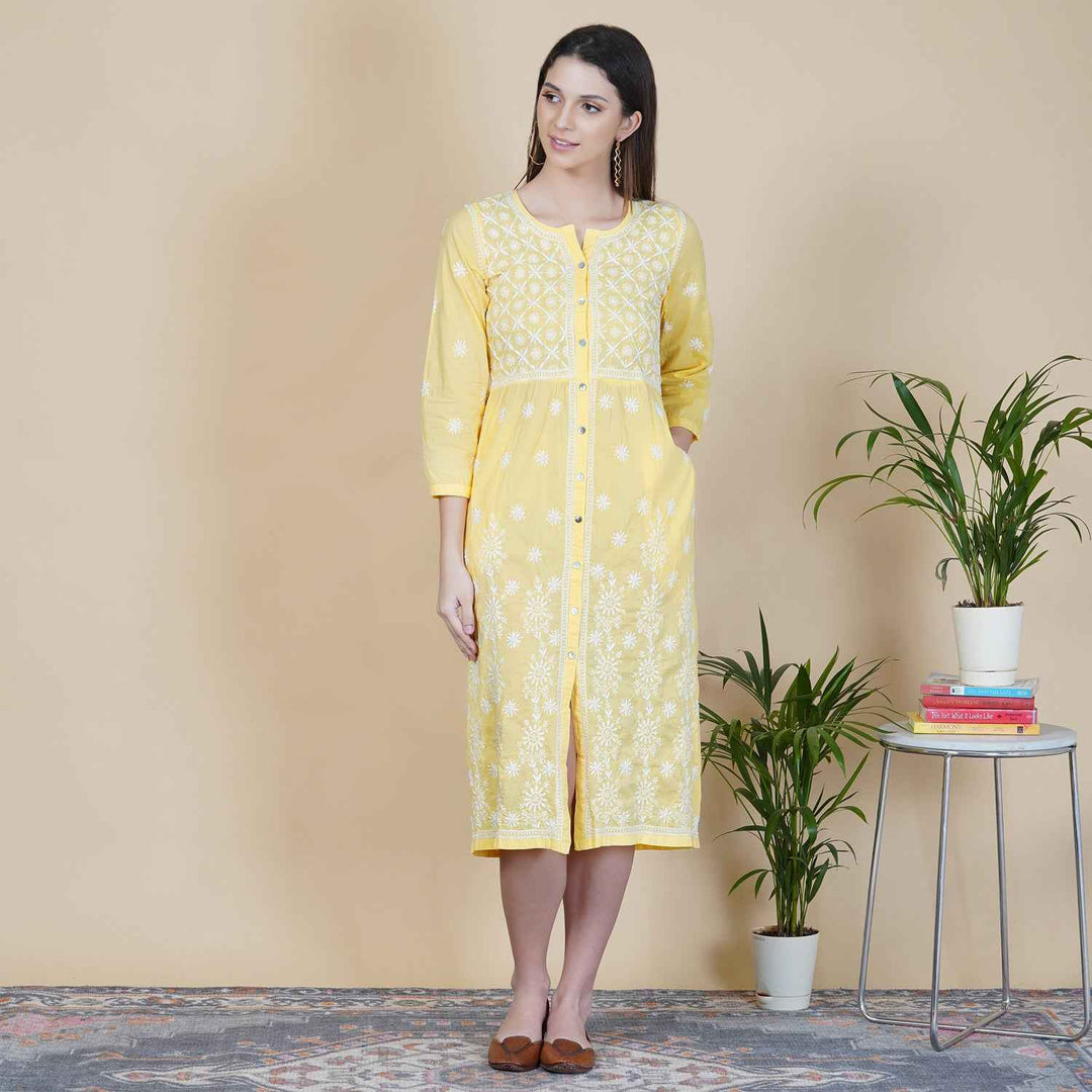 yellow cotton dress with front buttons