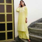 Load image into Gallery viewer, lime yellow cotton kurta with sharara/dupatta with applique work set 0f 3
