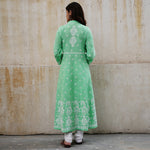 Load image into Gallery viewer, Green cotton high collar anarkali with chikankari
