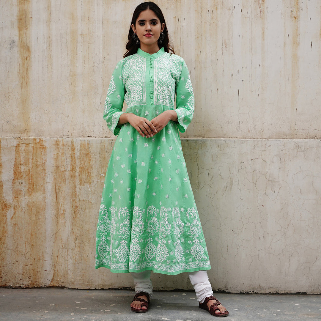 Green cotton high collar anarkali with chikankari