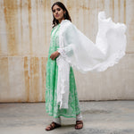 Load image into Gallery viewer, Green cotton high collar anarkali with chikankari

