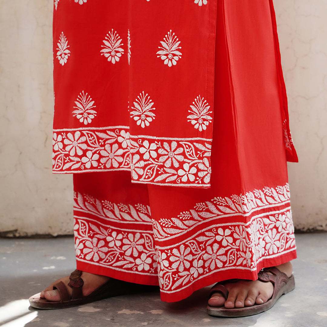 Carrot color kurt with back ties with shrarara set of 2