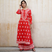 Carrot color kurt with back ties with shrarara set of 2