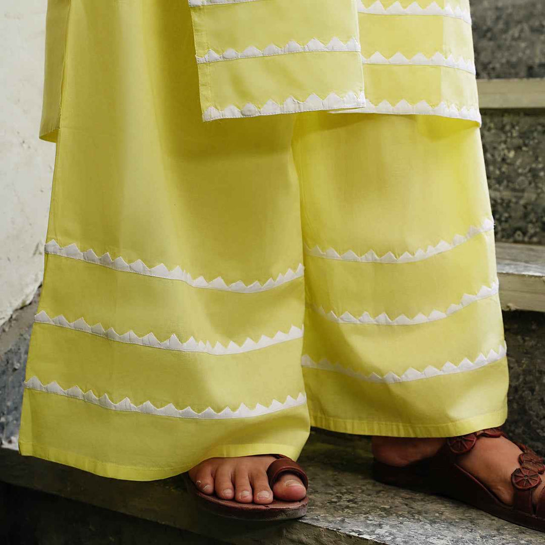 lime yellow cotton kurta with sharara/dupatta with applique work set 0f 3