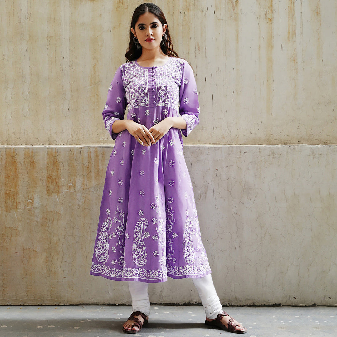 Mauve cotton anarkali with chikankari