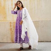 Mauve cotton anarkali with chikankari