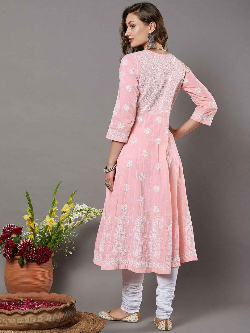 Peach Cotton Chikankari Anarkali Kurta