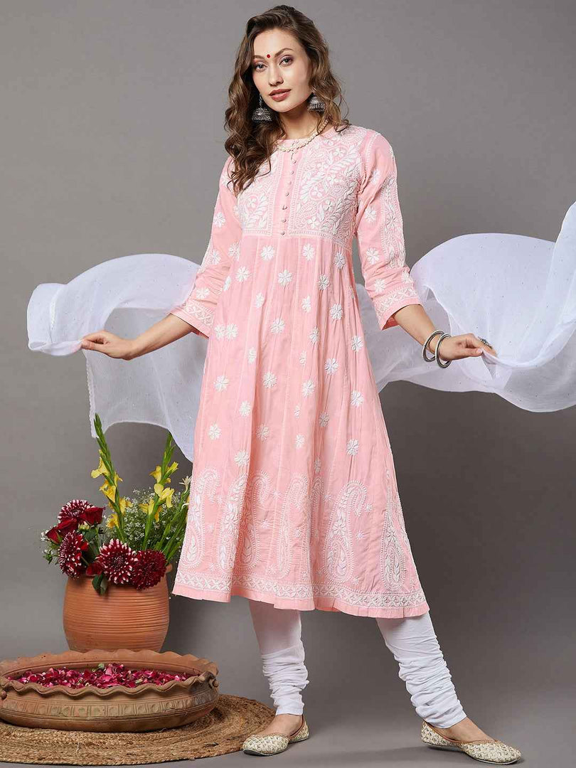Peach Cotton Chikankari Anarkali Kurta