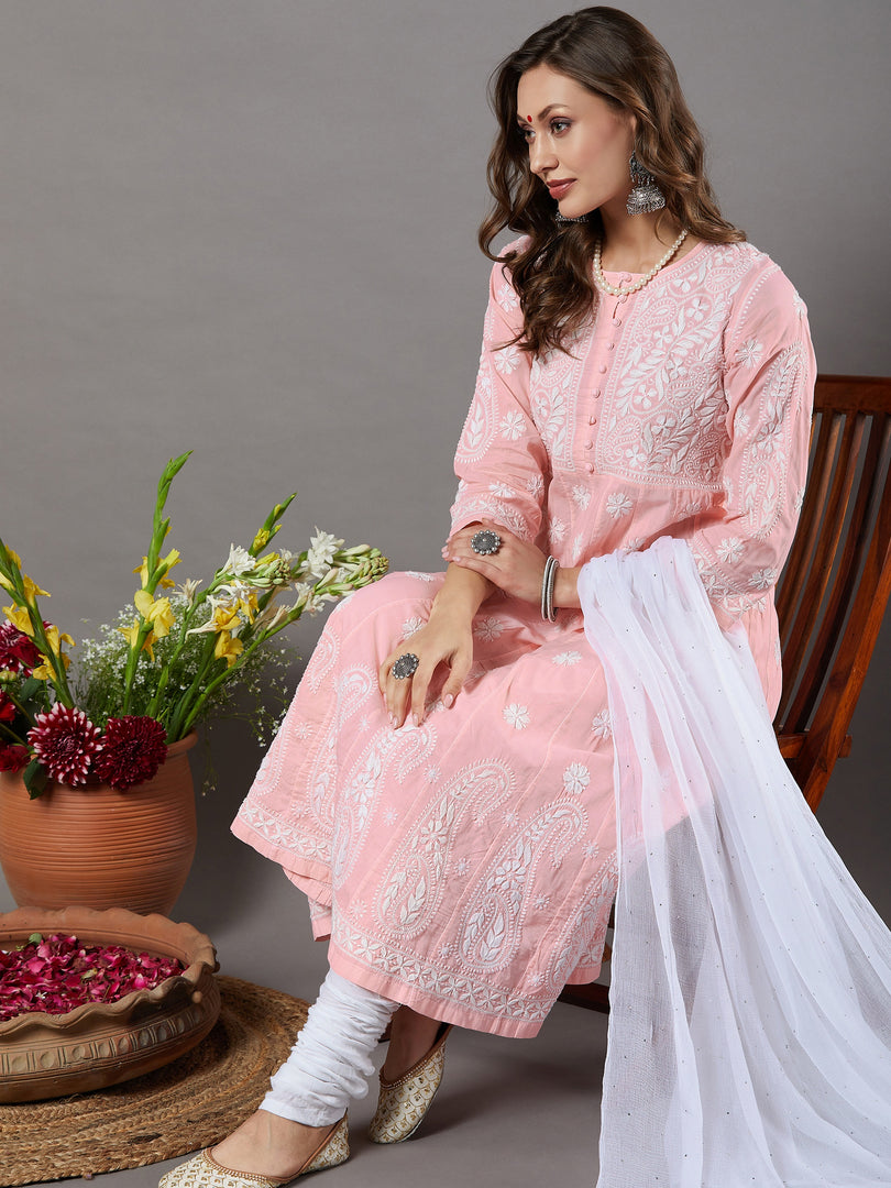 Peach Cotton Chikankari Anarkali Kurta