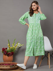 Green cotton front button dress with chikankari