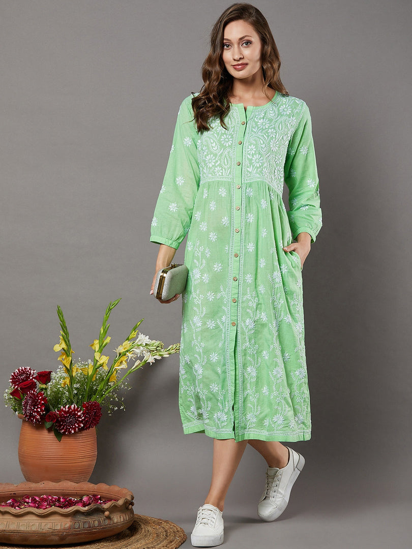 Green cotton front button dress with chikankari