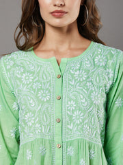 sea green cotton front button dress with chikankari