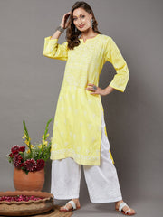 Yellow cotton chikankari high collar kurta
