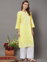 Yellow cotton chikankari high collar kurta