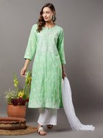 Load image into Gallery viewer, Green cotton kurta with yoke/back ties and chikankari
