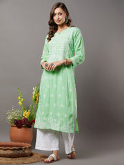 Sea green cotton round neck kurta with back ties