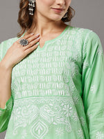 Load image into Gallery viewer, Sea green cotton round neck kurta with back ties
