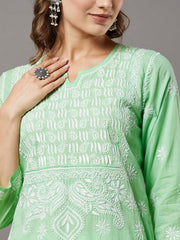 Sea green cotton round neck kurta with back ties