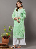 Load image into Gallery viewer, Green cotton kurta with yoke/back ties and chikankari
