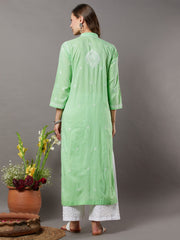 Sea green cotton chikankari high collar kurta