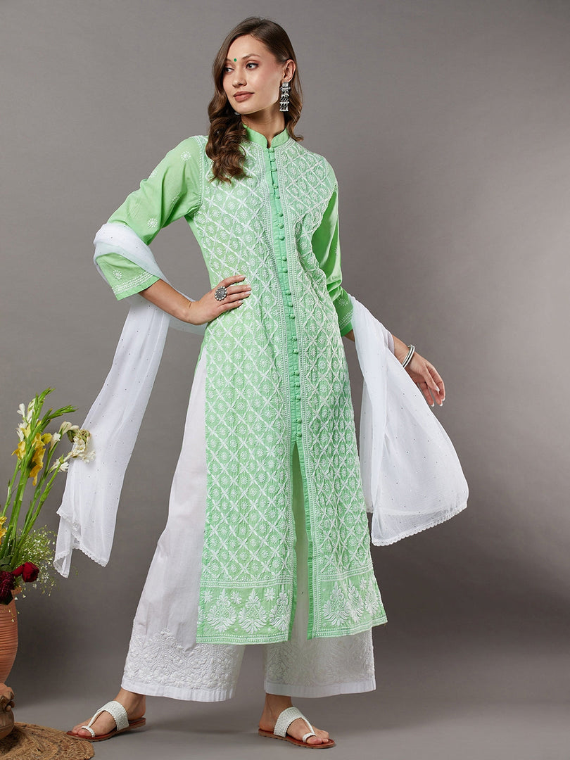 Sea green cotton chikankari high collar kurta