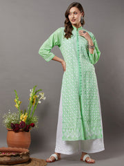 Sea green cotton chikankari high collar kurta