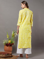 Load image into Gallery viewer, Yellow cotton all over jaal kurta with frnt buttons
