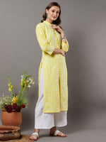 Load image into Gallery viewer, Yellow cotton all over jaal kurta with frnt buttons
